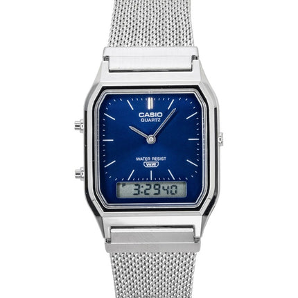 Reloj Casio vintage analógico digital de acero inoxidable con pulsera de malla y esfera azul de cuarzo AQ-230EM-2A unisex