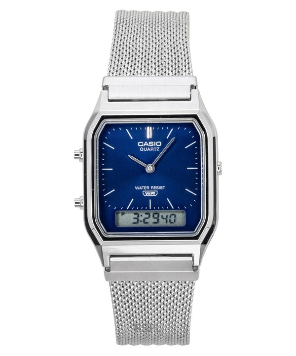 Reloj Casio vintage analógico digital de acero inoxidable con pulsera de malla y esfera azul de cuarzo AQ-230EM-2A unisex