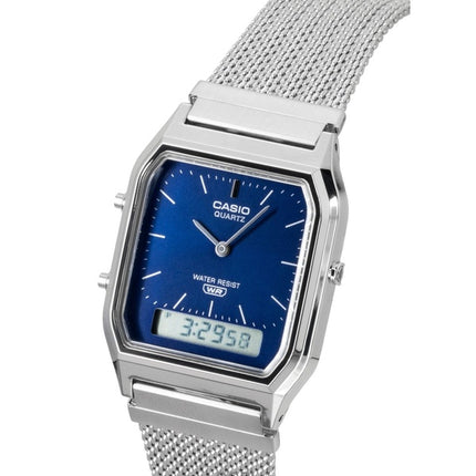 Reloj Casio vintage analógico digital de acero inoxidable con pulsera de malla y esfera azul de cuarzo AQ-230EM-2A unisex