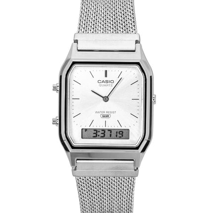 Reloj Casio vintage analógico digital de acero inoxidable con pulsera de malla y esfera plateada de cuarzo AQ-230EM-7A unisex