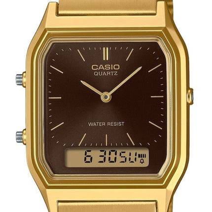 Reloj unisex Casio vintage analógico digital de acero inoxidable en tono dorado con esfera marrón de cuarzo AQ-230GA-5A
