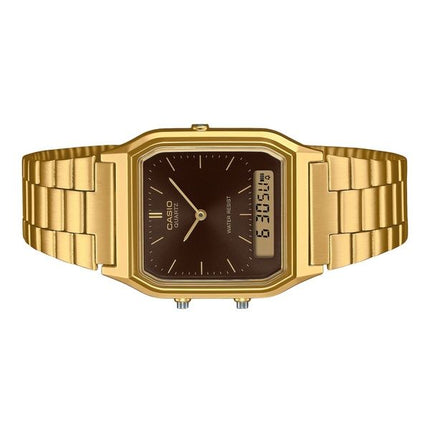 Reloj unisex Casio vintage analógico digital de acero inoxidable en tono dorado con esfera marrón de cuarzo AQ-230GA-5A
