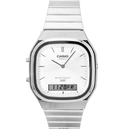 Reloj Casio vintage analógico digital de acero inoxidable con esfera plateada de cuarzo AQ-240E-7A unisex