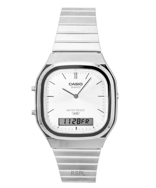 Reloj Casio vintage analógico digital de acero inoxidable con esfera plateada de cuarzo AQ-240E-7A unisex