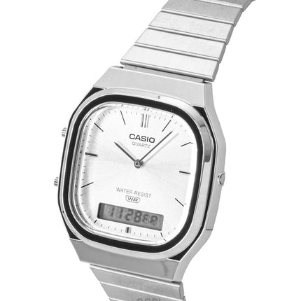 Reloj Casio vintage analógico digital de acero inoxidable con esfera plateada de cuarzo AQ-240E-7A unisex