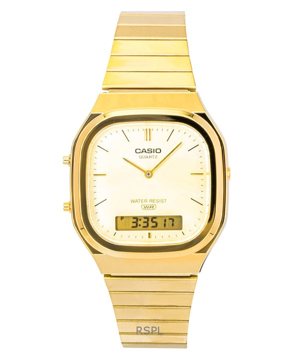 Reloj Casio vintage analógico digital dorado de acero inoxidable con esfera dorada de cuarzo AQ-240EG-9A unisex