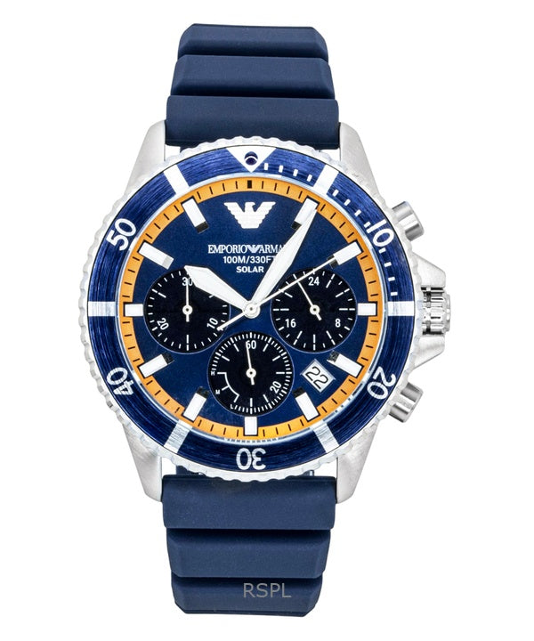 Reloj Emporio Armani World Explorer Cronógrafo con correa de silicona y esfera azul solar AR11696 100M para hombre