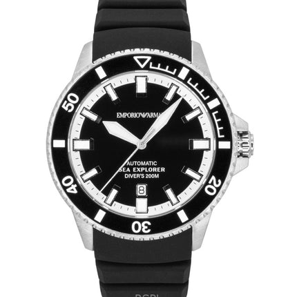 Reloj de buceo automático Emporio Armani Sea Explorer AR60086 con correa de silicona y esfera negra para hombre, 200 m