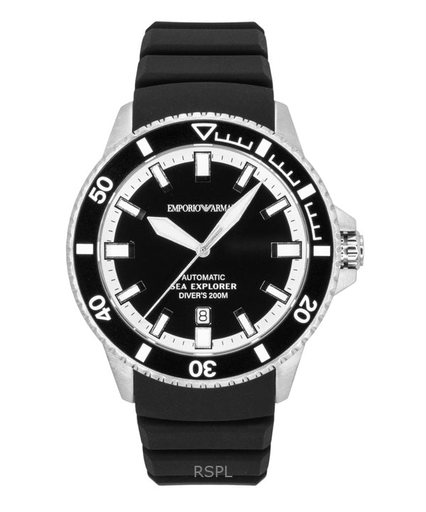 Reloj de buceo automático Emporio Armani Sea Explorer AR60086 con correa de silicona y esfera negra para hombre, 200 m