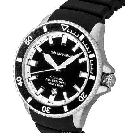 Reloj de buceo automático Emporio Armani Sea Explorer AR60086 con correa de silicona y esfera negra para hombre, 200 m