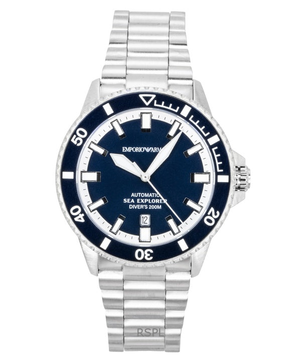 Reloj de buceo automático Emporio Armani Sea Explorer de acero inoxidable con esfera azul AR60087 200M para hombre
