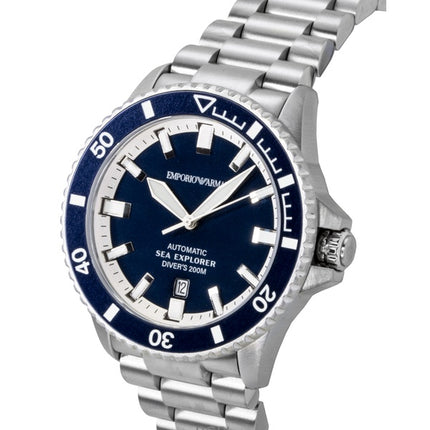 Reloj de buceo automático Emporio Armani Sea Explorer de acero inoxidable con esfera azul AR60087 200M para hombre