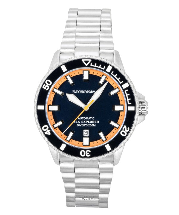 Reloj de buceo automático Emporio Armani Sea Explorer de acero inoxidable con esfera azul AR60090 200M para hombre