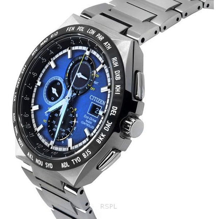 Reloj Citizen Eco-Drive Radio Controlled GMT Cronógrafo Super Titanium Esfera azul AT8238-84L 100M para hombre