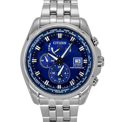 Reloj para hombre Citizen Eco-Drive Calendario perpetuo GMT Cronógrafo Acero inoxidable Esfera azul Diver',s AT9120-89L 200M