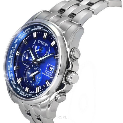 Reloj para hombre Citizen Eco-Drive Calendario perpetuo GMT Cronógrafo Acero inoxidable Esfera azul Diver',s AT9120-89L 200M