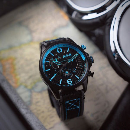 AVI-8 Hawker Hurricane Dual Cronógrafo retrógrado Storm Correa de cuero negro Esfera negra Reloj de cuarzo AV-4056-0A para hombr