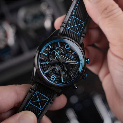 AVI-8 Hawker Hurricane Dual Cronógrafo retrógrado Storm Correa de cuero negro Esfera negra Reloj de cuarzo AV-4056-0A para hombr