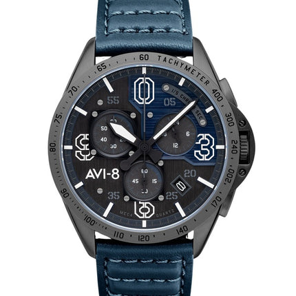 Reloj de cuarzo para hombre AVI-8 P-51 Mustang Blakeslee Chronograph Air Blue con correa de piel y esfera gris y azul AV-4077-04
