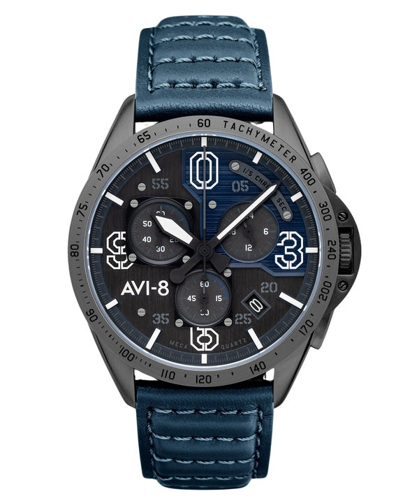 Reloj de cuarzo para hombre AVI-8 P-51 Mustang Blakeslee Chronograph Air Blue con correa de piel y esfera gris y azul AV-4077-04
