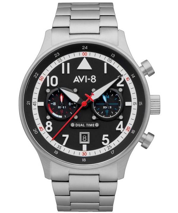 AVI-8 Hawker Hurricane Carey Dual Time Rangíºn Esfera negra Cuarzo AV-4088-11 Reloj para hombre