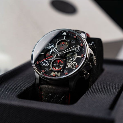 Reloj cronógrafo de cuarzo con correa de cuero y esfera negra AVI-8 Hawker Typhoon Coningham AV-4093-0A para hombre