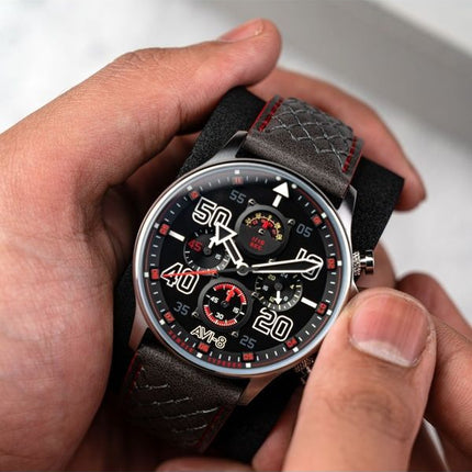 Reloj cronógrafo de cuarzo con correa de cuero y esfera negra AVI-8 Hawker Typhoon Coningham AV-4093-0A para hombre