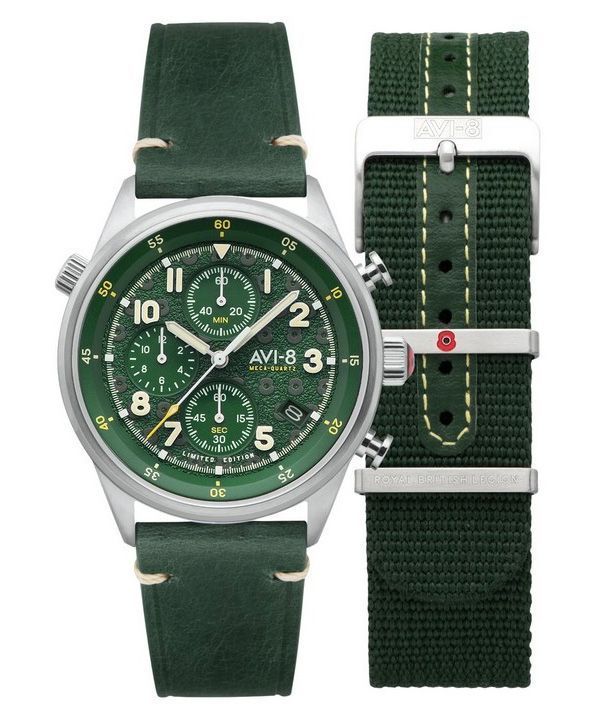 AVI-8 Flyboy Royal British Legion Tri-Service Cronógrafo Edición limitada Líneas Marlborough Esfera verde Cuarzo AV-4102-RBL-03