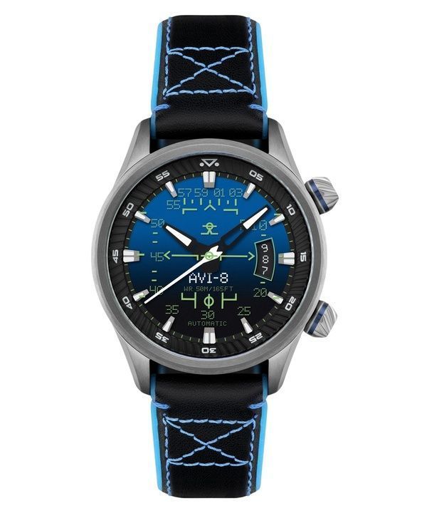 Reloj automático para hombre AVI-8 Hawker Harrier HUD con correa de piel y esfera azul degradado AV-4117-01