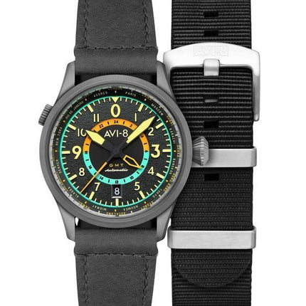 Reloj automático para hombre AVI-8 Flyboy Wingman Worldtimer GMT con esfera gris tropical AV-4120-04 y correa adicional