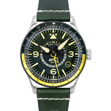Reloj automático para hombre AVI-8 Flyboy Airmaster GMT con fuselaje, correa de piel verde y esfera verde AV-4128-03