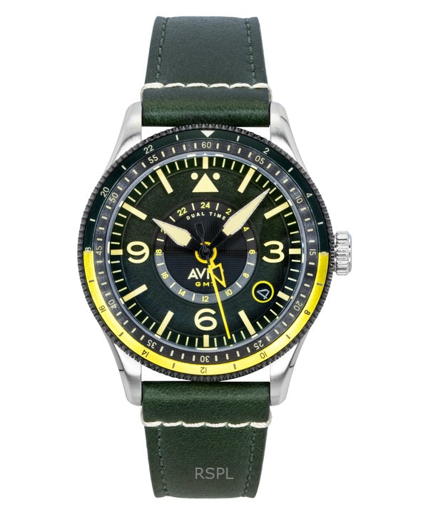 Reloj automático para hombre AVI-8 Flyboy Airmaster GMT con fuselaje, correa de piel verde y esfera verde AV-4128-03