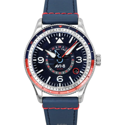 Reloj automático para hombre AVI-8 Flyboy Airmaster GMT Cockpit con correa de piel azul y esfera azul AV-4128-04