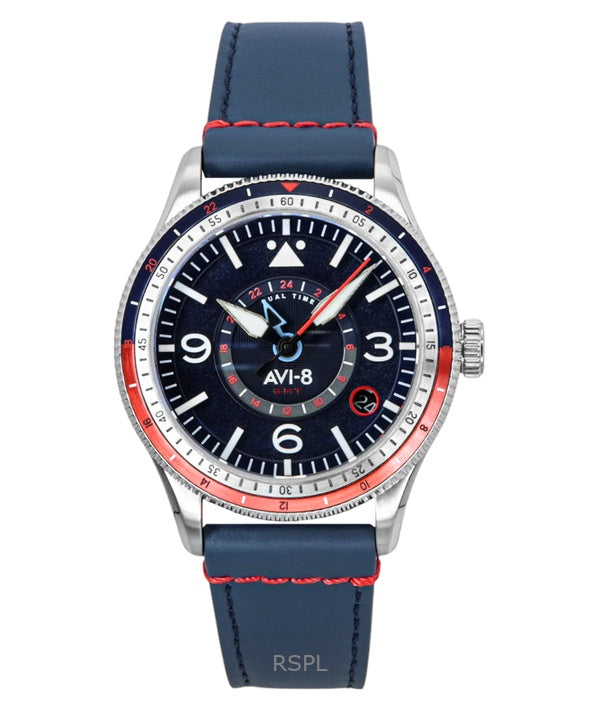Reloj automático para hombre AVI-8 Flyboy Airmaster GMT Cockpit con correa de piel azul y esfera azul AV-4128-04