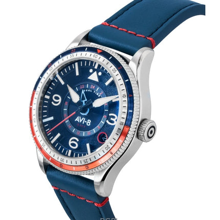 Reloj automático para hombre AVI-8 Flyboy Airmaster GMT Cockpit con correa de piel azul y esfera azul AV-4128-04