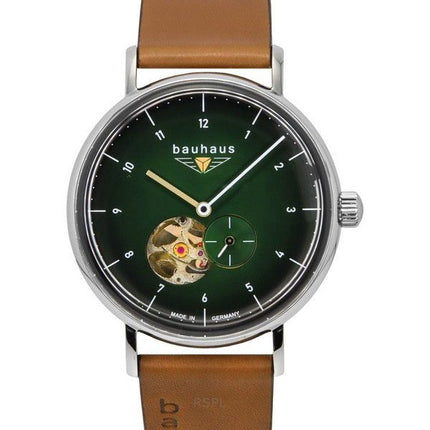 Reloj Bauhaus Classic con correa de piel y esfera de corazón abierto verde oscuro, automático, 21664 para hombre