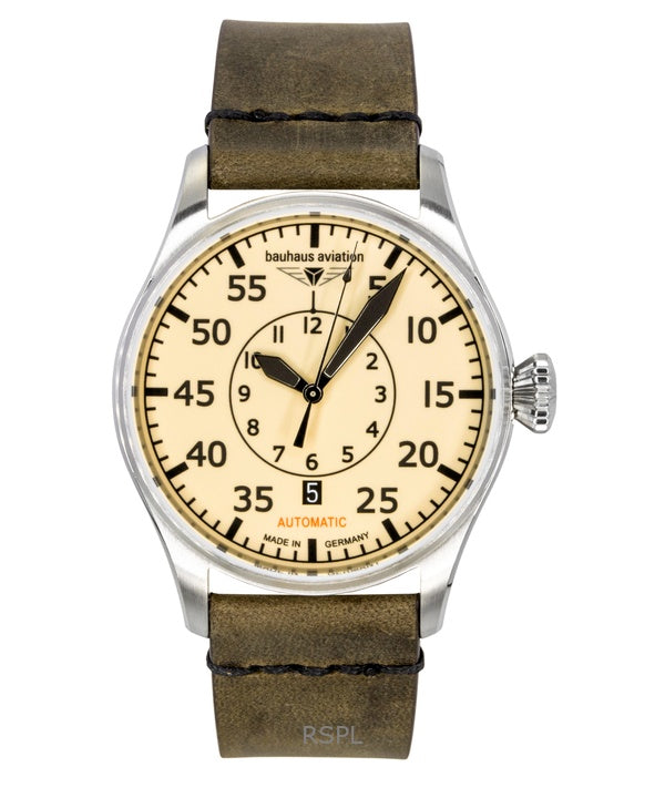 Reloj Bauhaus Aviation automático para hombre, correa de piel, esfera beige, 27565
