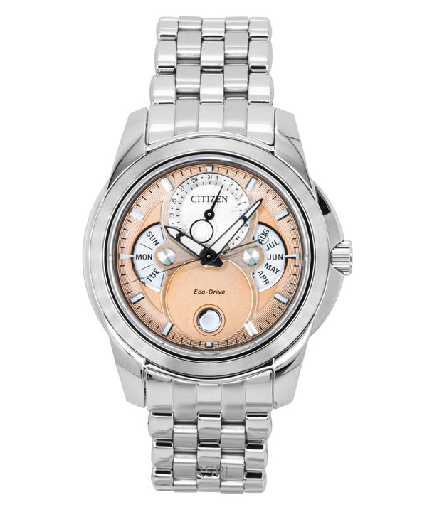 Reloj Citizen Calendar Moon Phase de acero inoxidable con esfera color salmón y movimiento Eco-Drive BU0080-52X para hombre, resistente al agua hasta 100 metros.