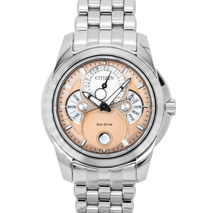 Reloj Citizen Calendar Moon Phase de acero inoxidable con esfera color salmón y movimiento Eco-Drive BU0080-52X para hombre, resistente al agua hasta 100 metros.