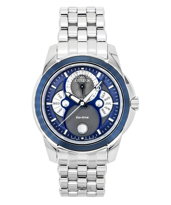 Reloj Citizen Calendar Moon Phase de acero inoxidable con esfera azul y movimiento Eco-Drive BU0088-51H para hombre, resistente al agua hasta 100 metros.
