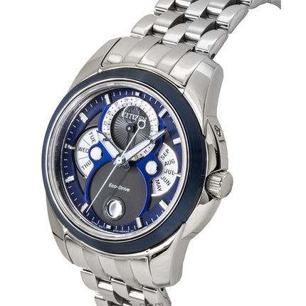 Reloj Citizen Calendar Moon Phase de acero inoxidable con esfera azul y movimiento Eco-Drive BU0088-51H para hombre, resistente al agua hasta 100 metros.