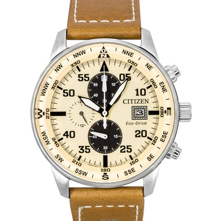 Reloj Citizen Eco-Drive Aviator Cronógrafo con correa de piel y esfera beige CA0880-15X 100M para hombre
