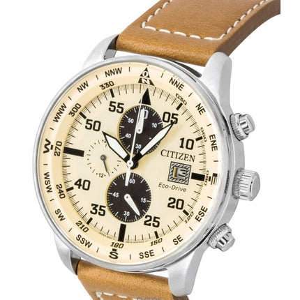 Reloj Citizen Eco-Drive Aviator Cronógrafo con correa de piel y esfera beige CA0880-15X 100M para hombre