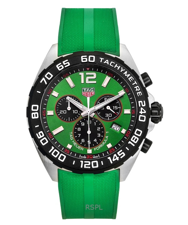 Reloj de buceo Tag Heuer Fórmula 1 Cronógrafo con correa de caucho y esfera verde, de cuarzo, CAZ101AP.FT8056, 200 m, para hombre