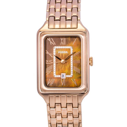 Reloj Fossil Raquel ES5323 de cuarzo para mujer, de acero inoxidable en tono oro rosa y esfera de nácar marrón.