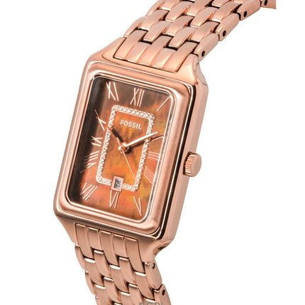 Reloj Fossil Raquel ES5323 de cuarzo para mujer, de acero inoxidable en tono oro rosa y esfera de nácar marrón.