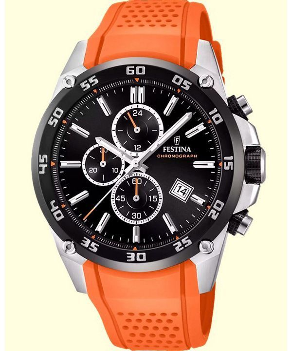 Festina The Originals Cronógrafo Correa de caucho naranja Esfera negra Cuarzo F20330-4 100M Reloj para hombre