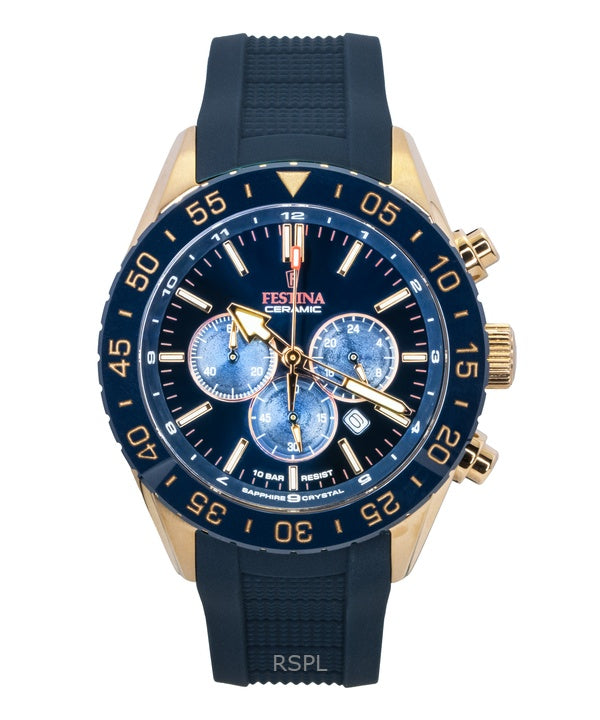 Reloj Festina F20516-1 para hombre, cronógrafo de cerámica, correa de caucho, esfera azul, cuarzo, 100 m
