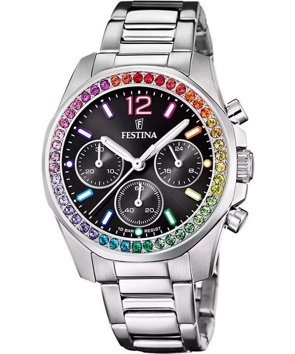 Festina Rainbow Cronógrafo con detTodoss de cristal, acero inoxidable, esfera negra, cuarzo F20606-3 100M Reloj para mujer