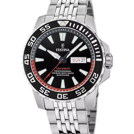 Festina The Originals Reloj de buceo de cuarzo con esfera negra y acero inoxidable F20661-3 200M para hombre